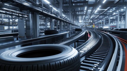 Wall Mural - Wide-angle view of a tire factory, production line running along the top with conveyor belts moving tire components.