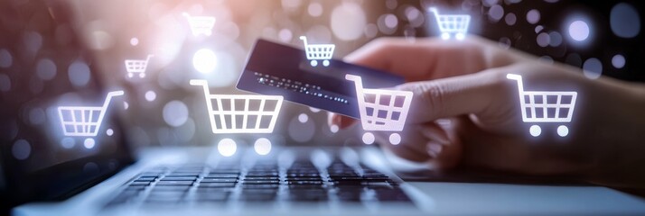 Poster - Customer is paying with credit card on laptop for online shopping with many shopping cart icons and bokeh background representing e commerce and online payment