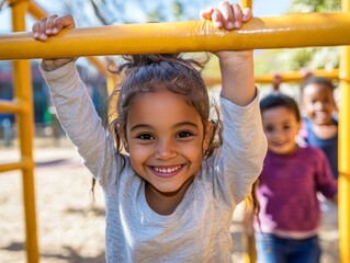 Wall Mural - Joyful multiracial children enjoying playtime on monkey bars in a sunny playground setting