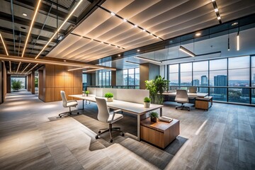 Poster - Empty Open Space Office with Soft Light Effects in a Dimly Lit Environment Perfect for Modern Interior Design Concepts and Abstract Visuals
