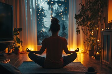 Wall Mural - Person meditating in yoga pose at home surrounded by soft, relaxing light for inner peace