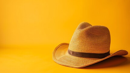 A straw hat on a yellow background.