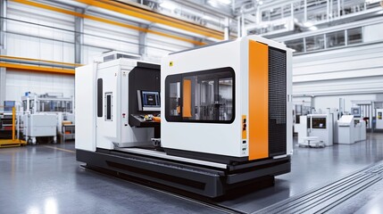 Poster - Industrial CNC Machine with Orange Accents in a Factory