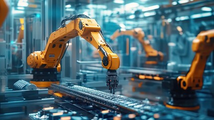 Poster - Industrial robotic arm performing tasks on a production line