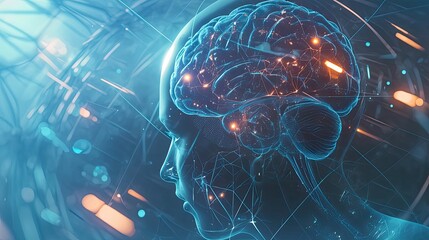 Poster - A Digital Rendering of a Human Brain with Glowing Lines and Points