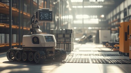 Poster - A futuristic robot in an industrial warehouse setting