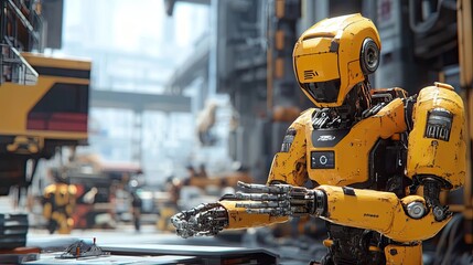 Poster - Yellow Robot With Exposed Mechanical Arm Reaching Out