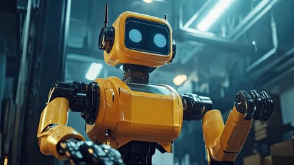 Poster - Yellow and Black Industrial Robot with Blue Lights in a Factory Setting