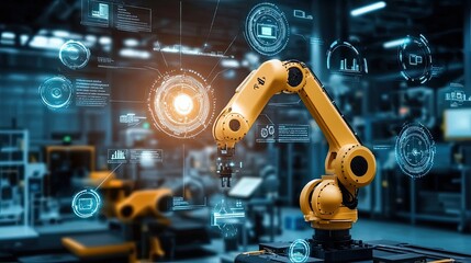 Poster - A Yellow Robotic Arm in a Factory with Digital Interface Overlays