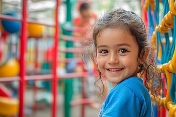 Wall Mural - Joyful young girl in blue t shirt playing in a colorful playground surrounded by happy friends