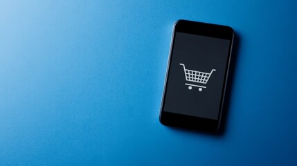 Poster - Shopping cart icon displayed on a smartphone screen, symbolizing online shopping, e commerce, and mobile purchasing trends against a vibrant blue backdrop
