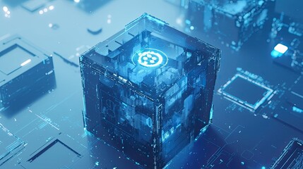 Poster - A Transparent Cube with Glowing Blue Lines and a Circular Pattern in the Center