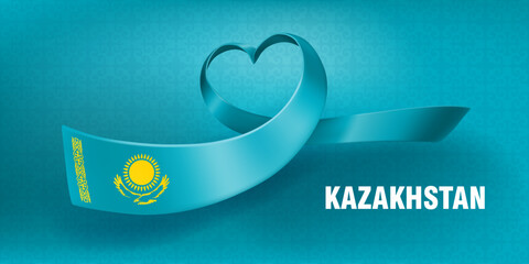 Wall Mural - Flag of Kazakhstan. Waved silk ribbon in the shape of heart on a blue background. Traditional kazakh ornament, sun and the eagle. Background for greeting card of national holidays in Kazakhstan