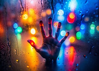 Poster - Hand Print on Foggy Glass with Colorful Lights Creating a Mysterious Atmosphere in Low Light Photography, Evoking Intrigue and Depth in the Scene