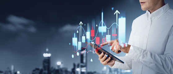Poster - Businessman with tablet, online trading and forex analysis, city skyscrapers