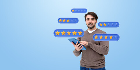Poster - Man holding tablet with floating star rating icons, smiling on b
