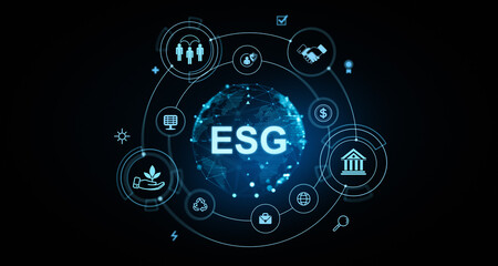 Poster - ESG Concept with Digital Icons on Dark Background. 3D Rendering