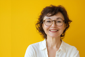 Wall Mural - portrait of a cheerful smiling mother in glasses on a yellow background