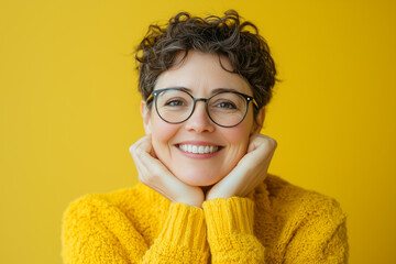 Wall Mural - portrait of a cheerful smiling mother in glasses on a yellow background