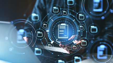 Fototapete - Digital document interface with icons on a futuristic screen. Blurred background. Concept of online document management and security