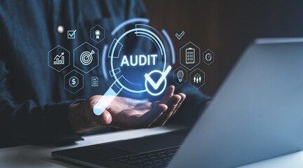 Poster - Person showing digital audit icons including checklist and analytics, against a dark background, representing quality control concept