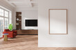 © ImageFlow - A modern living room featuring a blank wall frame, wooden floor, and stylish furniture. Bright and spacious interior concept. 3D Rendering