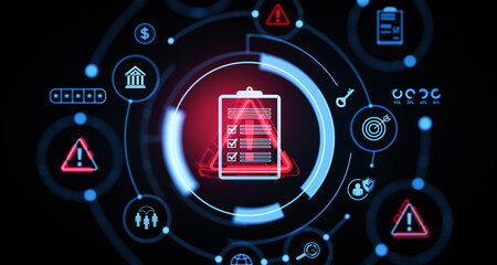 Poster - Futuristic digital interface with compliance checklist and security icons on dark background. Concept of cybersecurity. 3D Rendering