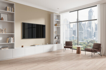 Wall Mural - Elegant living room with modern design, featuring minimalist furniture and large windows overlooking a cityscape. 3D Rendering