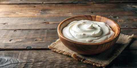  A bowl of creamy yogurt, smooth and white, rests on a rustic wooden table, a simple yet inviting scene of wholesome goodness.