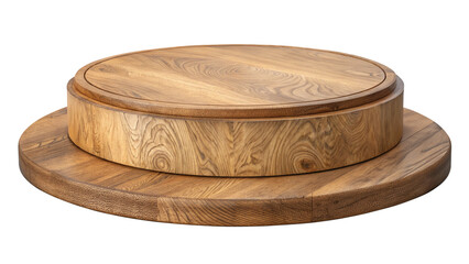 Round wooden display pedestal stand with a smooth surface and natural wood grain texture, ideal for showcasing products or decorations. Isolated on transparent background, png.