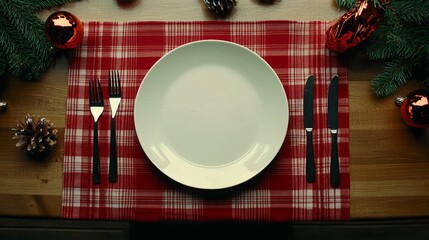 Poster - White plate with a fork and knife on a red and white checkered placemat