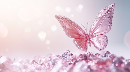 Poster - A pink butterfly with sparkling wings flies above a bed of pink crystals