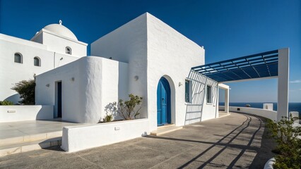Poster - Modern Architectural Photography Featuring a Striking Contrast of White Structures Against a Vibrant Blue Background for Contemporary Design Aesthetics and Inspiration