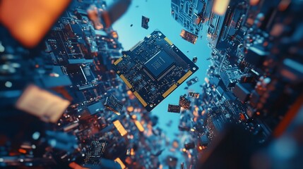 Fototapete - A circuit board floats in a chaotic field of electronic debris, creating an abstract, futuristic image.