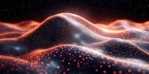 Poster - A stunning abstract representation of waves formed by glowing particles, blending warm orange and deep blue hues, creating a mesmerizing and futuristic digital landscape.