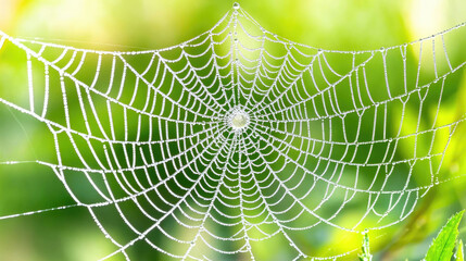 close up view of spider web adorned with dew drops, showcasing intricate patterns and natural green background. delicate structure glistens in light, creating serene atmosphere