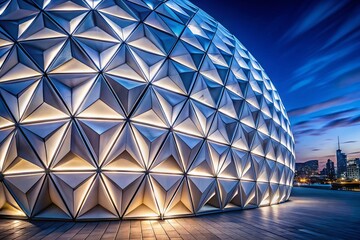 Poster - Night Photography of a White Geometric Pattern in Decorative Convex Modules Silhouette Creating an Abstract Urban Landscape Aesthetic with Soft Lighting Effects