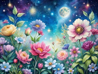 Fototapete - Night Photography of Watercolor Clipart Flowers with Starry Background, Ethereal Glow, and Soft Pastel Hues, Perfect for Creative Projects and Floral Designs
