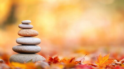 Poster - A serene composition features carefully stacked stones surrounded by colorful autumn maple leaves, embodying tranquility and balance