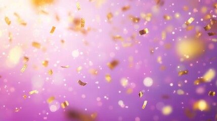 Wall Mural - Golden confetti falls gracefully against a rich purple backdrop, adding a touch of sparkle and celebration to the festive atmosphere