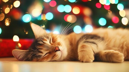 Wall Mural - A relaxed cat dozes off in a warm living room, gently illuminated by the soft glow of Christmas tree lights in the background