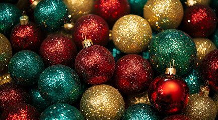 Poster - A close-up shot of a collection of red, green, and gold Christmas ornaments. The ornaments are all covered in glitter, and they are arranged in a random pattern