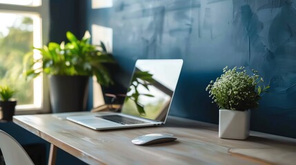 Poster - A laptop computer and a white mouse sitting on a wooden desk.