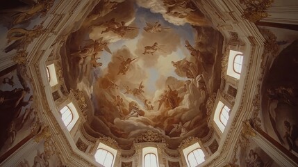Poster - Exquisite Baroque Ceiling Frescoes with Angels and Clouds