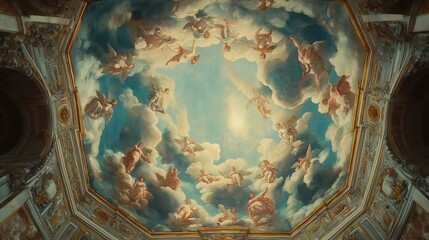 Poster - Exquisite Baroque Ceiling Frescoes with Angels and Clouds