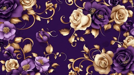 Wall Mural - Exquisite Floral Tapestry with Gold Threads on Deep Purple