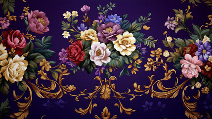 Poster - Exquisite Floral Tapestry with Gold Threads on Deep Purple