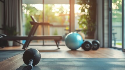 Wall Mural - A home gym with a medicine ball, exercise mat, weights, and a stability ball.