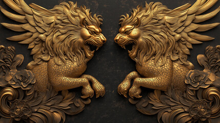 Poster - Gilded Lions and Mythical Creatures on Dark Background