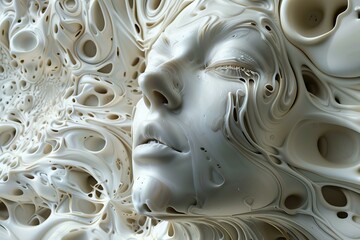 Poster - Intricate white abstract face emerging from a background of organic shapes, showcasing surreal and artistic beauty